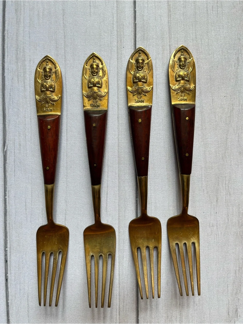 Vintage Siamese/Thai brass & rosewood cocktail appetizer salad dessert fork. 4pc